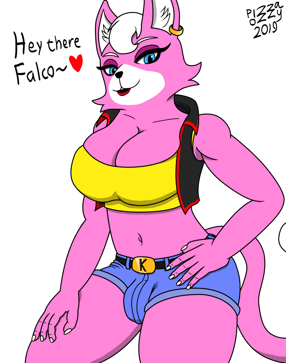 &lt;3 2019 anthro big_breasts breasts bulge cleavage clothed clothing domestic_cat felid feline felis hi_res intersex katt_monroe looking_at_viewer mammal nintendo open_mouth pizzaozzy_(artist) simple_background solo star_fox video_games
