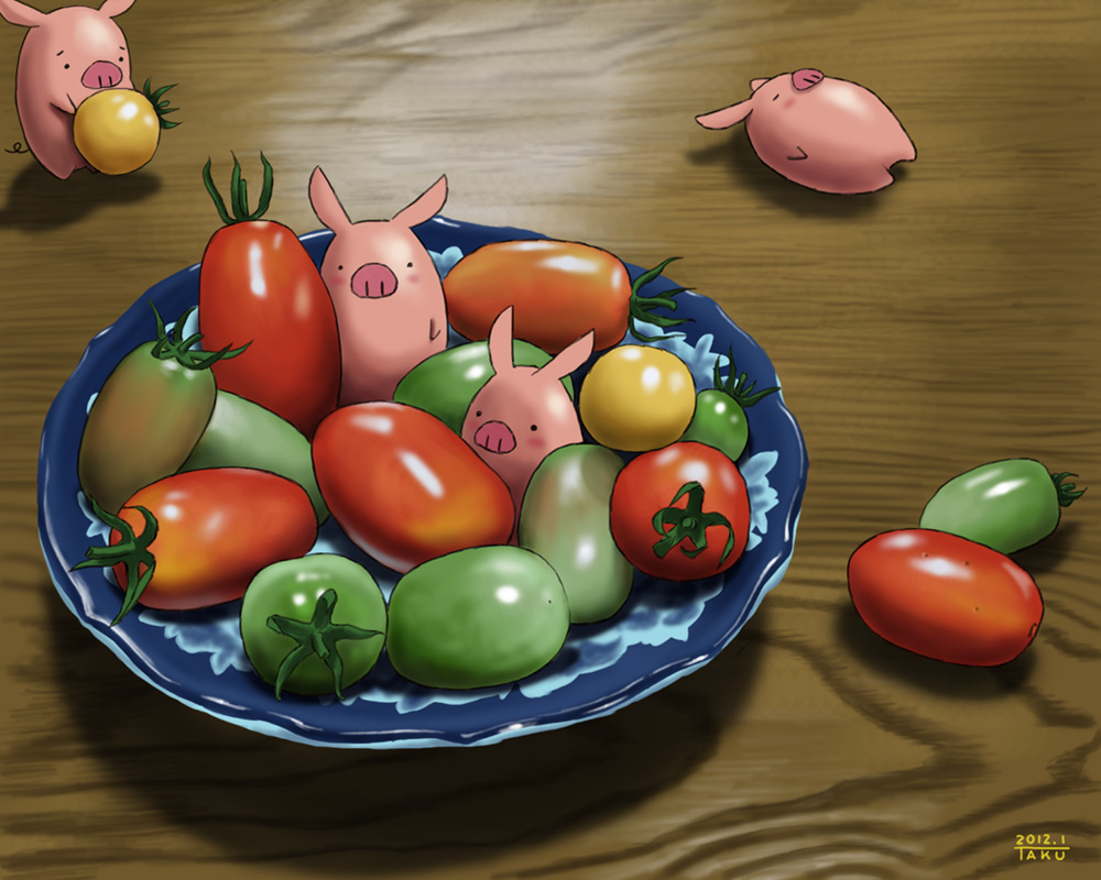 2012 5:4 ambiguous_gender black_eyes blush curled_tail domestic_pig eyebrows eyes_closed food fruit high-angle_view looking_at_viewer lying mammal pink_nose pink_skin plant plate raised_inner_eyebrows suid suina sus_(pig) table taku tomato