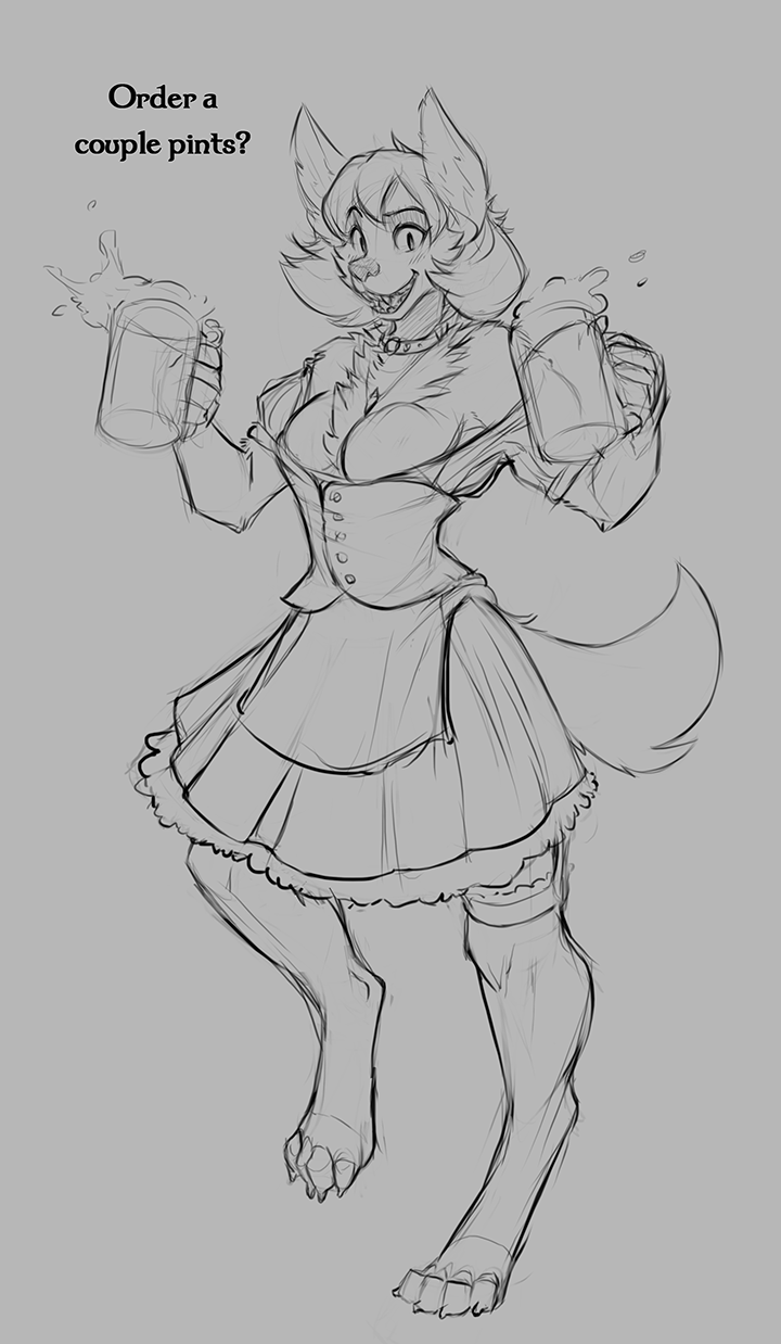 2019 alcohol anthro beer beverage big_breasts blush breasts canid canine canis changeling_tale chest_tuft clothing collar digitigrade dirndl dress female grey_background hair hi_res jessie_(changeling_tale) legwear looking_at_viewer mammal monochrome open_mouth simple_background smile snout solo stockings tuft watsup wolf