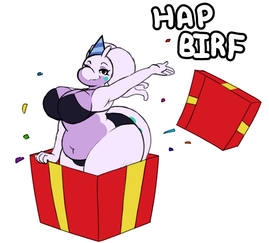 2019 5_fingers antennae_(anatomy) anthro bedroom_eyes belly big_breasts big_butt birthday bra breasts butt cleavage clothed clothing confetti digitalpelican dragon eyelashes female gift goodra half-closed_eyes hat headgear headwear huge_butt in_box looking_at_viewer navel nintendo no_irises panties party_hat pok&eacute;mon pok&eacute;mon_(species) pose seductive slightly_chubby smile solo standing text thick_thighs underwear underwear_only video_games wasabi_(aimbot-jones)