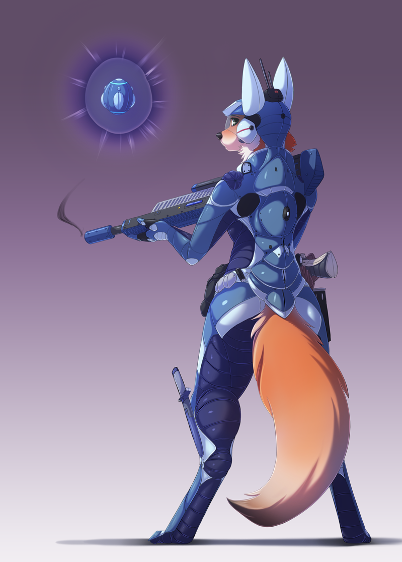 2018 anthro breasts canid canine digitigrade female fox gradient_background gun looking_at_viewer machine mammal melee_weapon power_armor ranged_weapon rear_view science_fiction simple_background snout solo standing watsup weapon