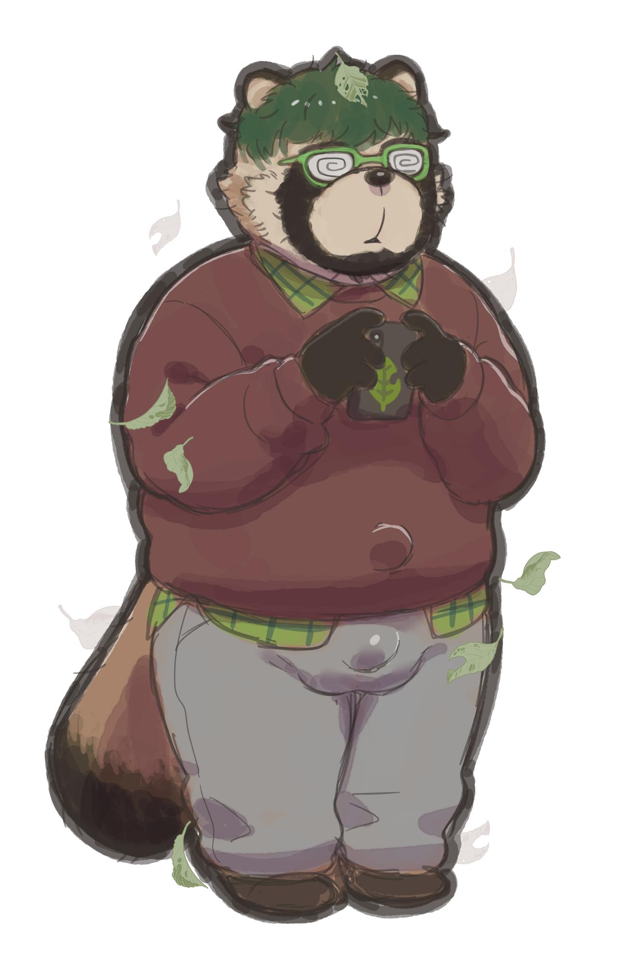 2019 anthro bulge canid canine clothing eyewear glasses hi_res leaf male mammal overweight overweight_male pants phone raccoon_dog shirt simple_background solo tanuki topwear un0sk