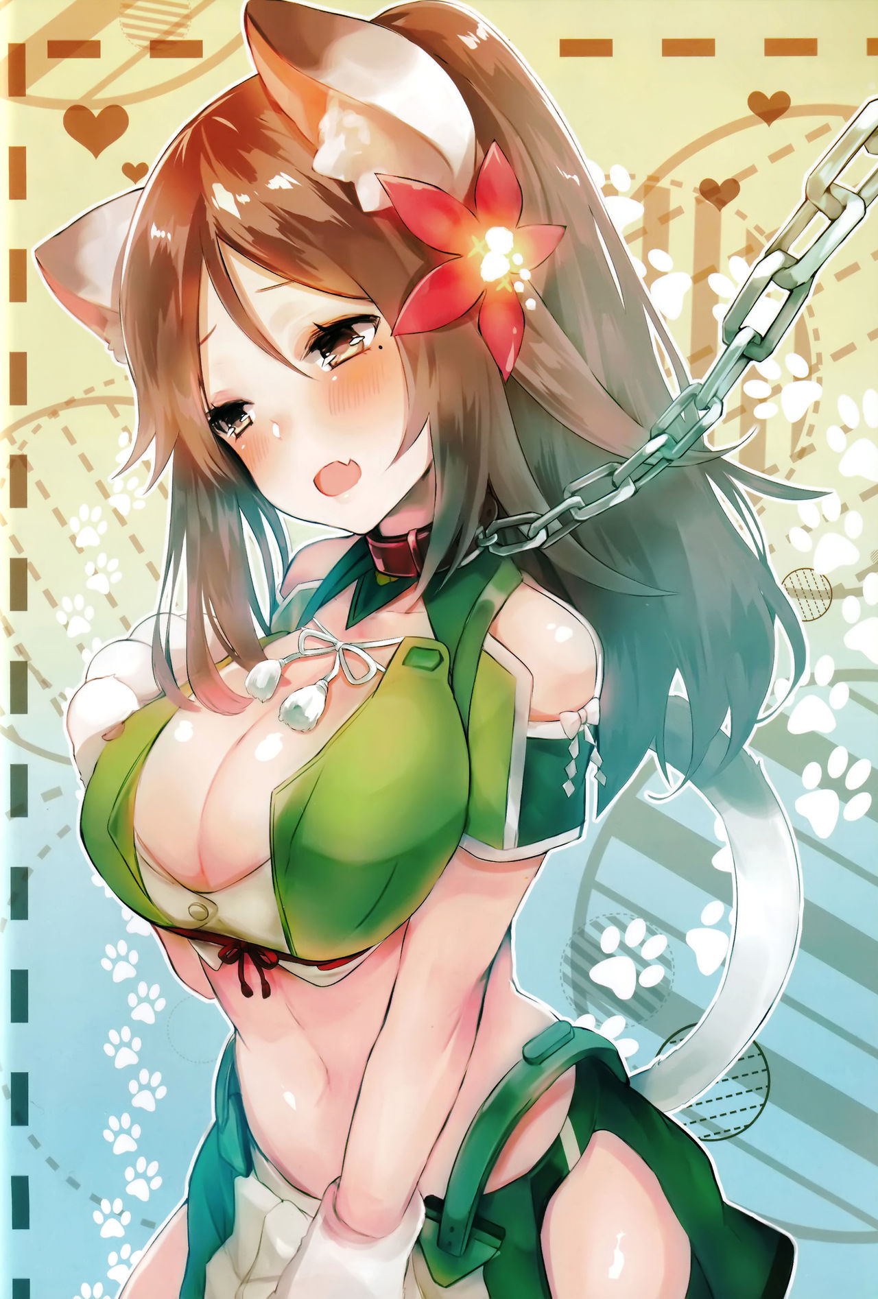 1girl amagi_(kantai_collection) animal_ears asymmetrical_hair blush breasts brown_eyes brown_hair cat_ears cat_tail chains eyebrows_visible_through_hair flower furisode gloves hair_flower hair_ornament high_ponytail highres japanese_clothes kantai_collection kimono large_breasts leaf_hair_ornament long_hair looking_at_viewer mole mole_under_eye navel open_mouth paw_gloves paws ponytail remodel_(kantai_collection) scan sitting suzuho_hotaru tail wide_ponytail