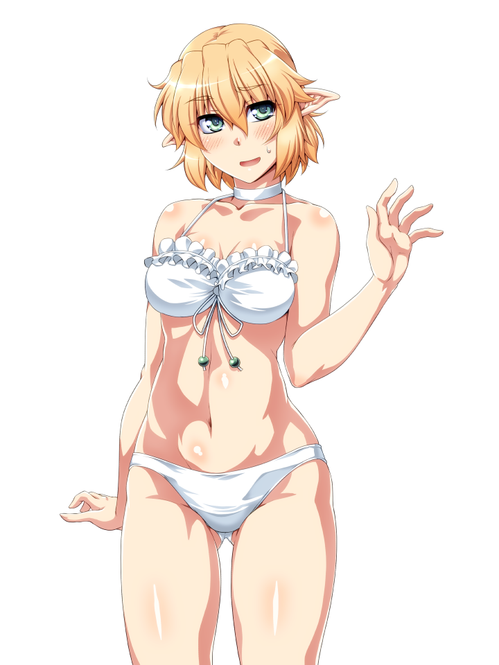 1girl bandeau bangs bare_arms bare_shoulders bikini blonde_hair blush breasts choker commentary_request cowboy_shot eyebrows_visible_through_hair frilled_bikini frills gluteal_fold green_eyes hair_between_eyes halterneck hand_up looking_at_viewer medium_breasts mizuhashi_parsee navel ootsuki_wataru open_mouth pointy_ears shiny shiny_skin simple_background smile solo standing stomach sweat swimsuit thighs touhou white_background white_bikini white_choker