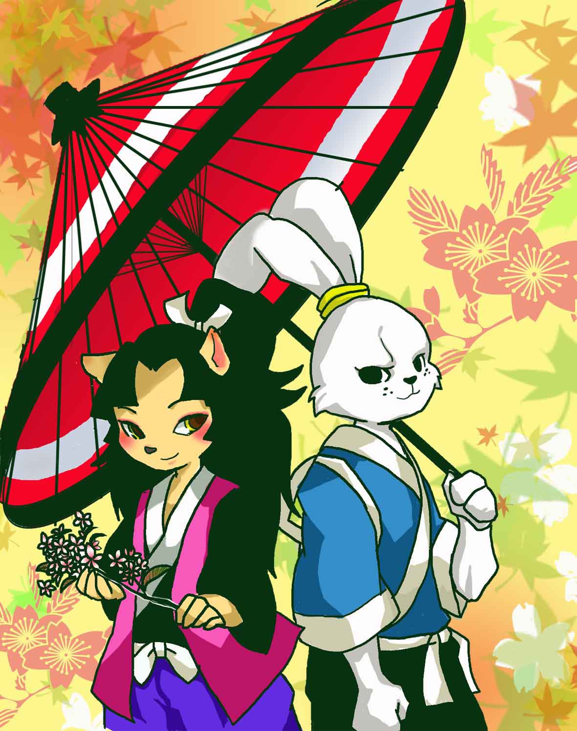 1boy 1girl animal_ears blush bow cat_ears flower flower_background hair_bow high_ponytail highres japanese_clothes kataginu miyamoto_usagi rabbit_ears smile tagme tomoe_ame umbrella usagi_yojimbo