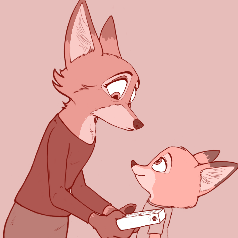 1:1 anthro canid canine clothed clothing cub digital_media_(artwork) disney duo female fox fur male mammal mother mrs._wilde nemonutkin nick_wilde parent simple_background smile son vhs video_cassette young zootopia