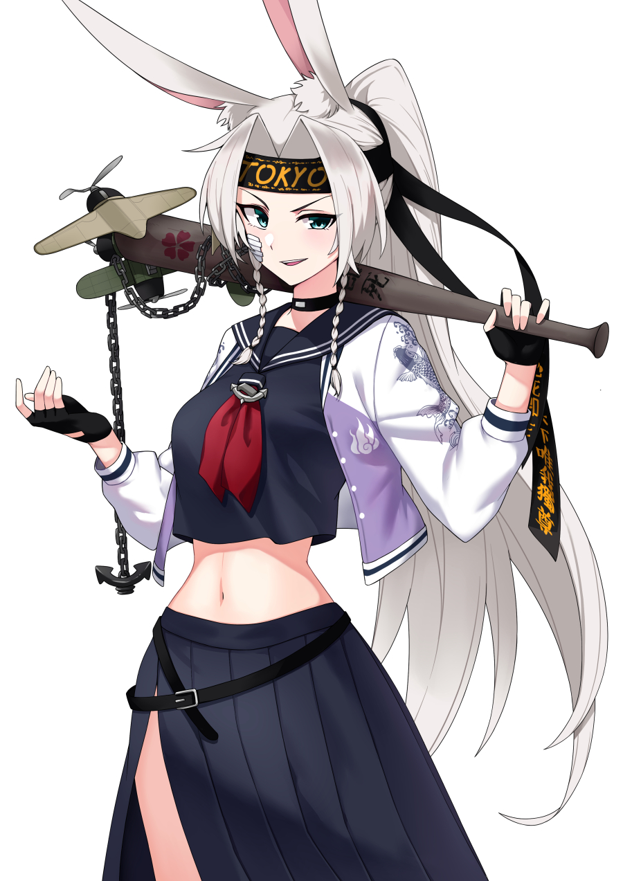 1girl aircraft airplane anchor animal_ear_fluff animal_ears animal_print azur_lane baseball_bat black_gloves black_headband blue_sailor_collar blue_shirt blue_skirt braid breasts buckle bunny_ears chains child_(isoliya) choker clothes_writing commentary_request cowboy_shot crop_top crop_top_overhang eyebrows eyebrows_visible_through_hair fingerless_gloves fingernails fish_print gloves green_eyes grin hair_intakes hand_on_hip headband high_ponytail highres hiryuu_(azur_lane) holding loafers long_hair long_skirt medium_breasts midriff navel neckerchief open_clothes over_shoulder pleated_skirt ponytail sailor_collar school_uniform serafuku shirt shoes side_slit simple_background skirt smile solo standing stomach sukeban tachi-e uneven_eyes very_long_hair white_background white_hair