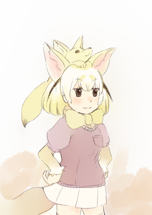 2019 ambiguous_gender animal_humanoid big_ears biped black_eyes black_hair black_nose black_tail blonde_hair blush bottomwear bow_tie canid canid_humanoid canine canine_humanoid carrying clothing dipstick_tail duo eyebrow_through_hair eyebrows female fennec fennec_fox_(kemono_friends) fennec_humanoid feral fox fox_humanoid hair half-length_portrait hands_on_hips humanoid iceeye_ena japanese kemono_friends larger_female larger_humanoid light_skin mammal multicolored_hair multicolored_tail on_head pink_clothing pink_sweater pink_topwear pleated_skirt pockets portrait short_hair simple_background size_difference skirt smaller_ambiguous smaller_feral smile smirk smug snout standing sweater tan_background tan_skin topwear translucent translucent_hair two_tone_tail white_background white_bottomwear white_clothing white_hair white_skirt yellow_body yellow_tail