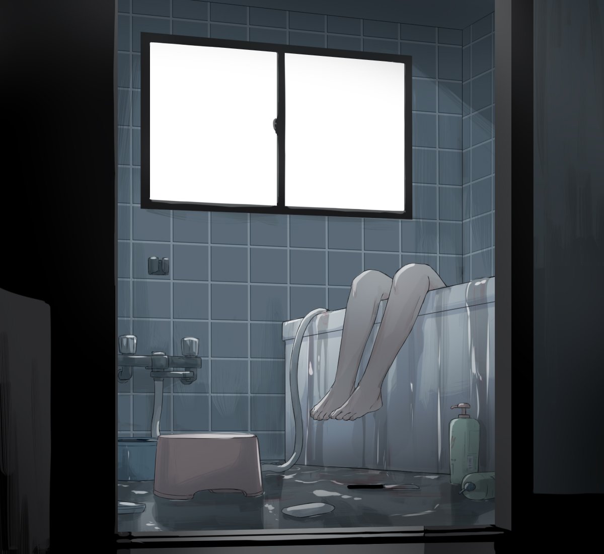 ambiguous_gender avogado6 barefoot bathroom bathtub hose indoors legs original overflow overflowing overflowing_bath solo water window