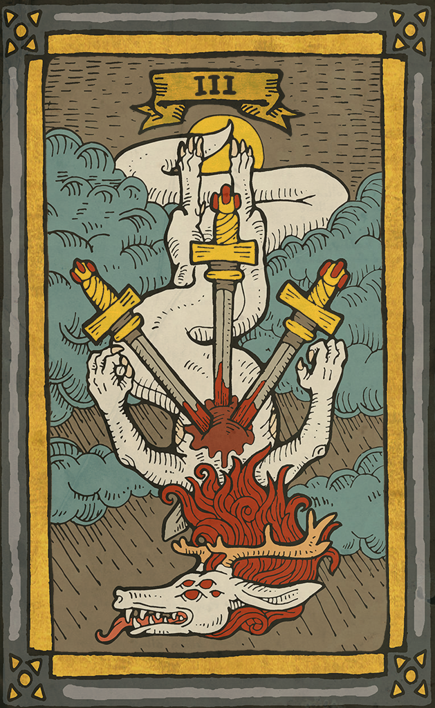 blood border card claws cloud dragon engraving fortune_telling gore horn melee_weapon multi_eye musorok open_mouth sword tarot tarot_card teeth tongue tongue_out weapon