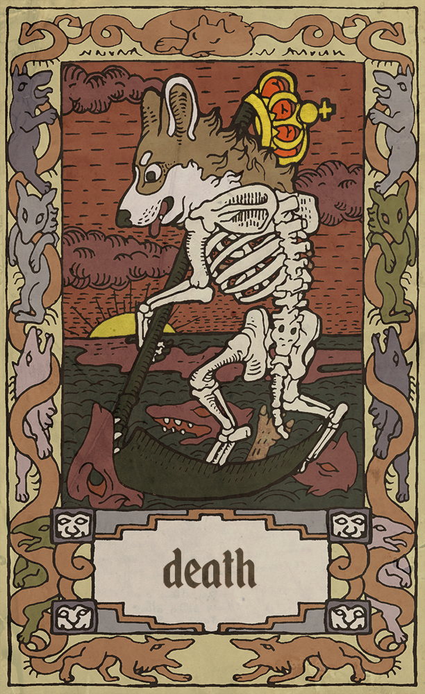 anthro bone canid canine canis card cloud corgi crown domestic_dog fish fortune_telling mammal marine melee_weapon musorok open_mouth polearm scythe skeleton tarot tarot_card teeth tongue tongue_out weapon