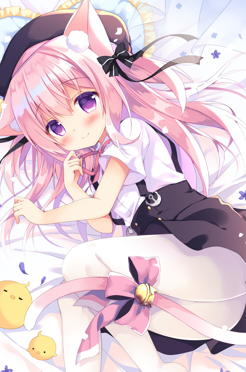 1girl anchor animal animal_ear_fluff animal_ears ass azur_lane bangs bed_sheet bell beret bird black_bow black_headwear black_skirt blue_flower blush bow cat_ears cat_girl cat_tail chick closed_mouth commentary_request curtains eyebrows_visible_through_hair flower frilled_pillow frills hair_between_eyes hair_bow hair_tousle hat heart heart_pillow highres jingle_bell kisaragi_(azur_lane) long_hair lying neck_ribbon on_side pantyhose pillow pink_bow pink_hair purinko purple_eyes purple_flower red_ribbon ribbon shirt short_sleeves skirt smile solo striped striped_bow suspender_skirt suspenders tail tail_bell tail_bow transparent very_long_hair white_legwear white_shirt wide_sleeves