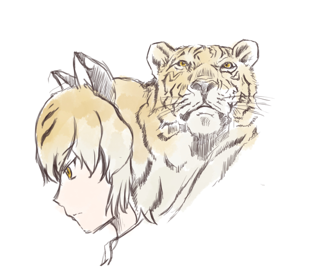 2019 ambiguous_gender animal_humanoid bengal_tiger bengal_tiger_(kemono_friends) black_fur black_hair black_nose black_stripes clothed clothing duo felid felid_humanoid female feral front_view frown fully_clothed fur hair headshot_portrait humanoid iceeye_ena japanese kemono_friends light_skin looking_down looking_up mammal multicolored_fur multicolored_hair orange_eyes orange_fur orange_hair pantherine pantherine_humanoid portrait side_view simple_background striped_fur stripes tan_skin tiger tiger_humanoid tiger_stripes two_tone_hair whiskers white_background white_fur