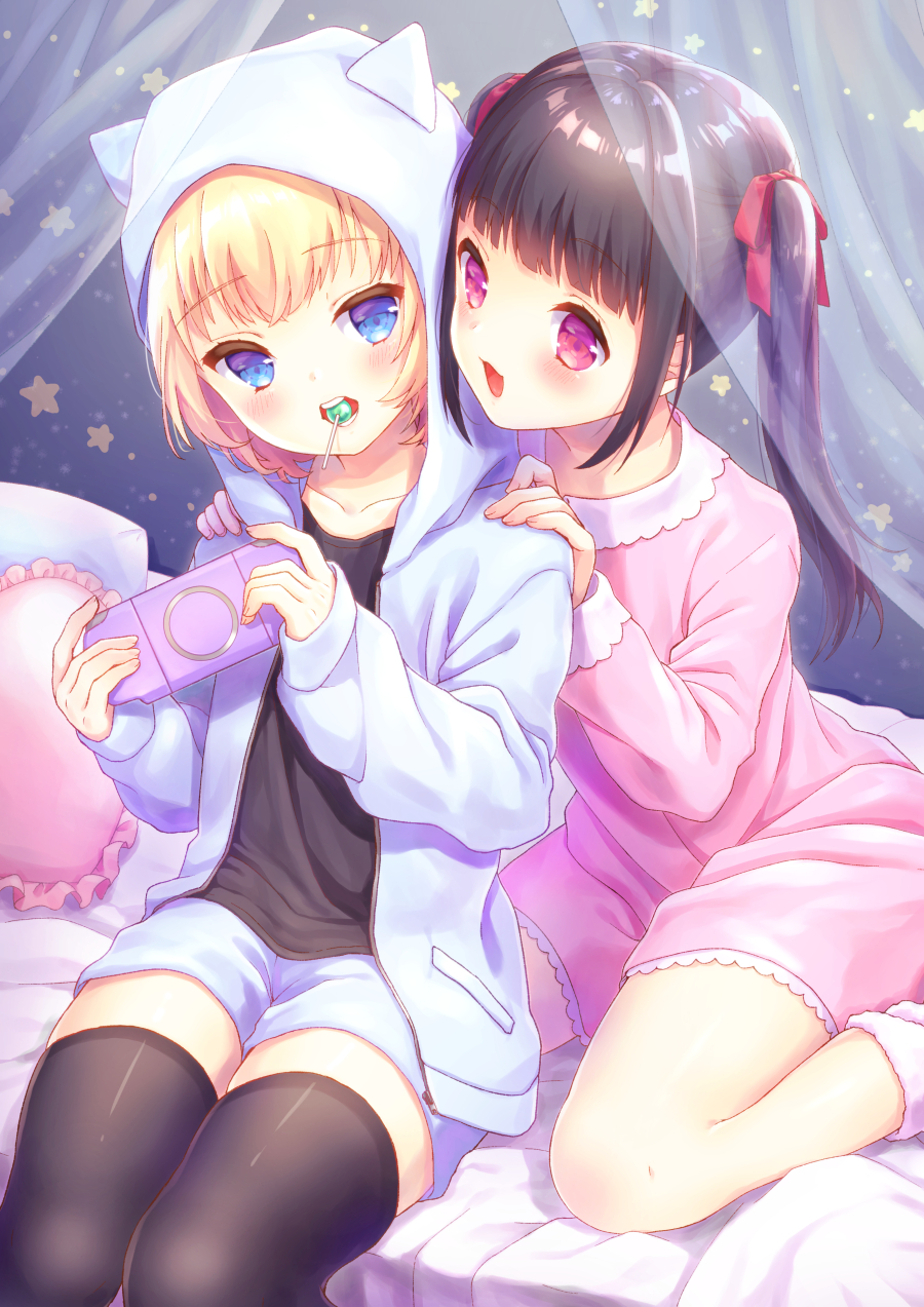 2girls animal_ears animal_hood bangs bed_sheet black_hair black_legwear blonde_hair blue_eyes cardigan cat_ears cat_hood collarbone dress eyebrows_visible_through_hair fake_animal_ears frilled_pillow frills game_console hair_ribbon hands_on_another's_shoulder highres holding hood hooded_cardigan indoors long_hair long_sleeves multiple_girls open_cardigan open_clothes open_mouth original pillow pink_dress pink_eyes red_ribbon ribbon shiny shiny_hair shirt short_dress short_hair short_shorts shorts sitting star thighhighs twintails white_cardigan white_shirt white_shorts yuniki_yamaru zettai_ryouiki