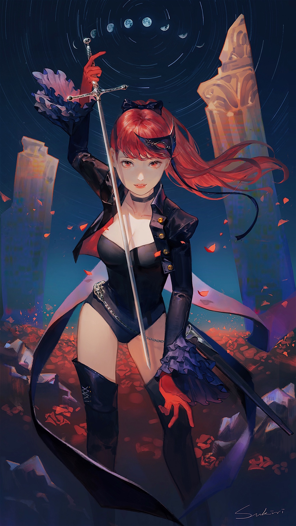 1girl black_jacket black_legwear bow breasts chains cleavage collarbone gloves highres jacket leotard long_hair looking_at_viewer mask mask_on_head medium_breasts parted_lips persona persona_5 persona_5_the_royal petals ponytail red_eyes red_gloves red_hair sky solo standing star_(sky) starry_sky sukly sword thighhighs weapon yoshizawa_kasumi