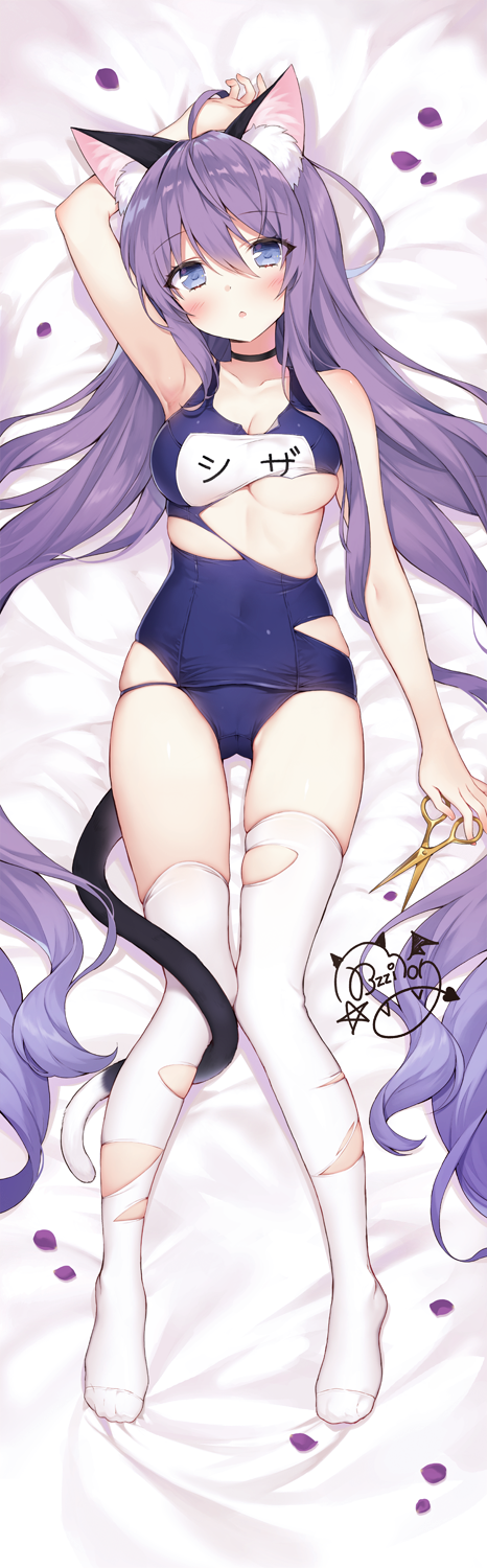 1girl :o absurdly_long_hair ahoge animal_ear_fluff animal_ears arm_up armpits bangs bare_arms bare_shoulders bed_sheet black_choker blue_eyes blue_swimsuit blush breasts byulzzimon cat_ears cat_girl cat_tail choker cleavage collarbone covered_navel crotch_seam dakimakura full_body hair_between_eyes highres holding long_hair looking_at_viewer lying medium_breasts no_shoes on_back original parted_lips petals purple_hair school_swimsuit scissors signature skindentation solo swimsuit tail thighhighs thighs torn_clothes torn_legwear torn_swimsuit very_long_hair white_legwear