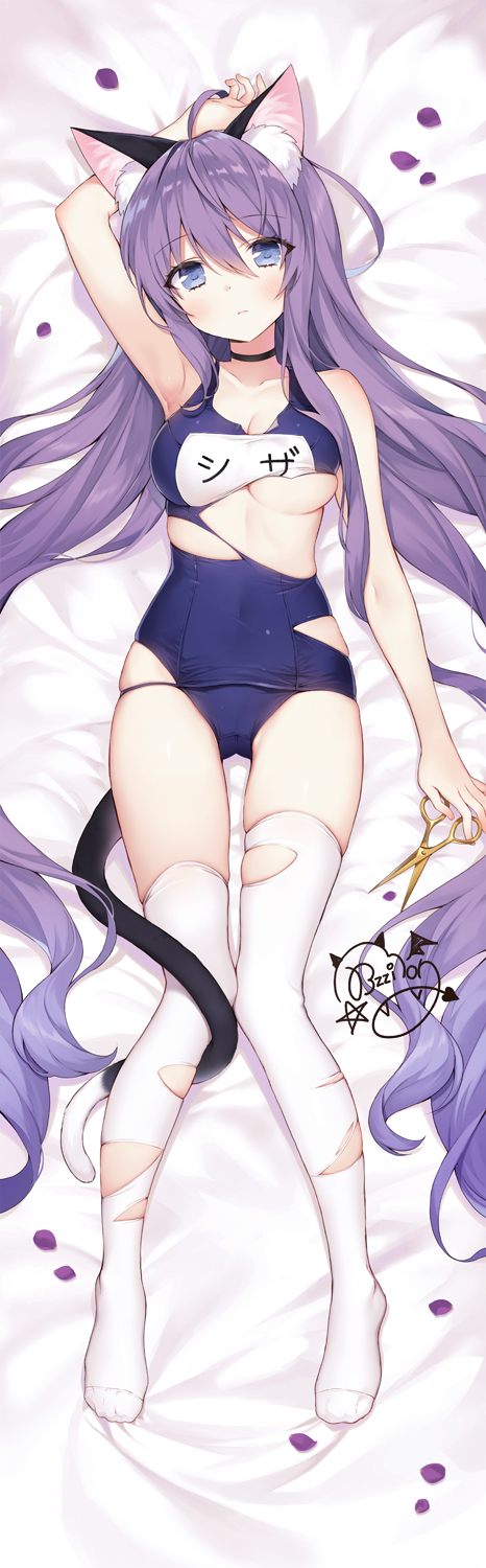 1girl absurdly_long_hair ahoge animal_ear_fluff animal_ears arm_up armpits bangs bare_arms bare_shoulders bed_sheet black_choker blue_eyes blue_swimsuit breasts byulzzimon cat_ears cat_girl cat_tail choker cleavage closed_mouth collarbone covered_navel crotch_seam dakimakura expressionless full_body hair_between_eyes highres holding long_hair looking_at_viewer lying medium_breasts no_shoes on_back original petals purple_hair school_swimsuit scissors signature skindentation solo swimsuit tail thighhighs thighs torn_clothes torn_legwear torn_swimsuit very_long_hair white_legwear