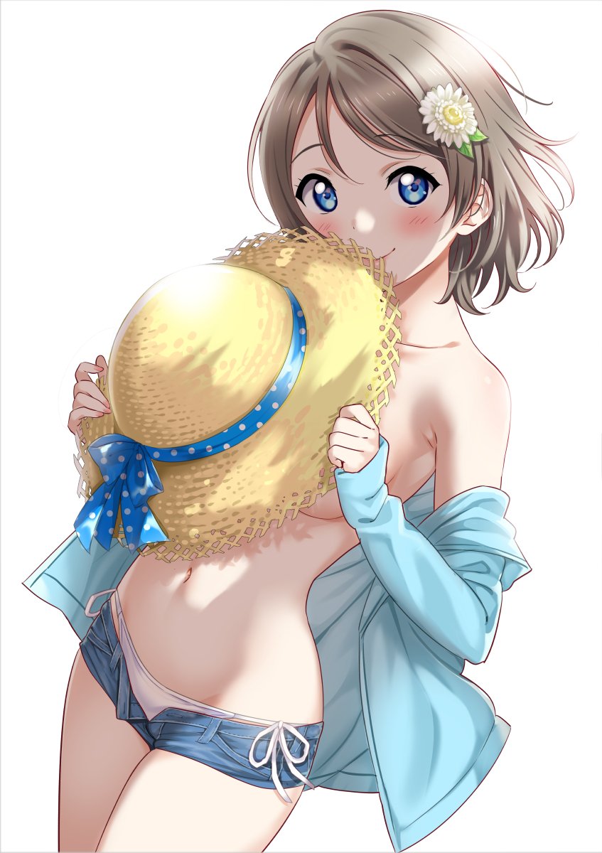 1girl bikini bikini_bottom blue_eyes blush breasts brown_hair closed_mouth covering covering_breasts cowboy_shot denim denim_shorts dutch_angle flower hair_flower hair_ornament hat highres jacket looking_at_viewer love_live! love_live!_sunshine!! navel off_shoulder open_clothes open_jacket open_pants rozen5 short_hair short_shorts shorts side-tie_bikini simple_background sleeves_past_wrists small_breasts smile solo straw_hat sun_hat swimsuit topless watanabe_you white_background white_bikini_bottom