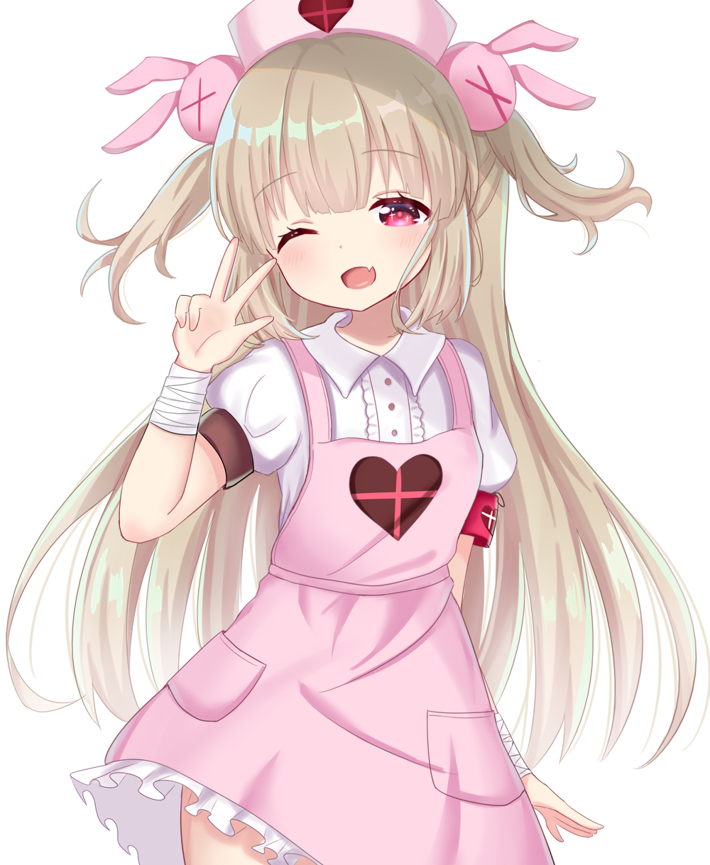 &gt;_&lt; 1girl ;d apron armband bandage bandaged_arm bandages blush brown_hair bunny_hair_ornament center_frills collared_shirt commentary_request fang frills hair_ornament half-closed_eye hand_up hat heart highres long_hair natori_sana nurse_cap one_eye_closed open_mouth pink_apron pink_headwear puffy_short_sleeves puffy_sleeves red_eyes safety_pin sana_channel satori_(ymoy) shirt short_sleeves simple_background smile solo two_side_up very_long_hair virtual_youtuber white_background white_shirt
