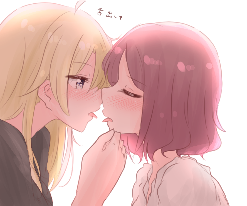 2girls bangs blonde_hair blue_eyes blush chin_grab eyebrows_visible_through_hair eyes_closed imminent_kiss long_hair multiple_girls new_game! open_mouth purple_hair short_hair simple_background tongue tongue_out tooyama_rin white_background yagami_kou yuri yuuki_(yunky373)