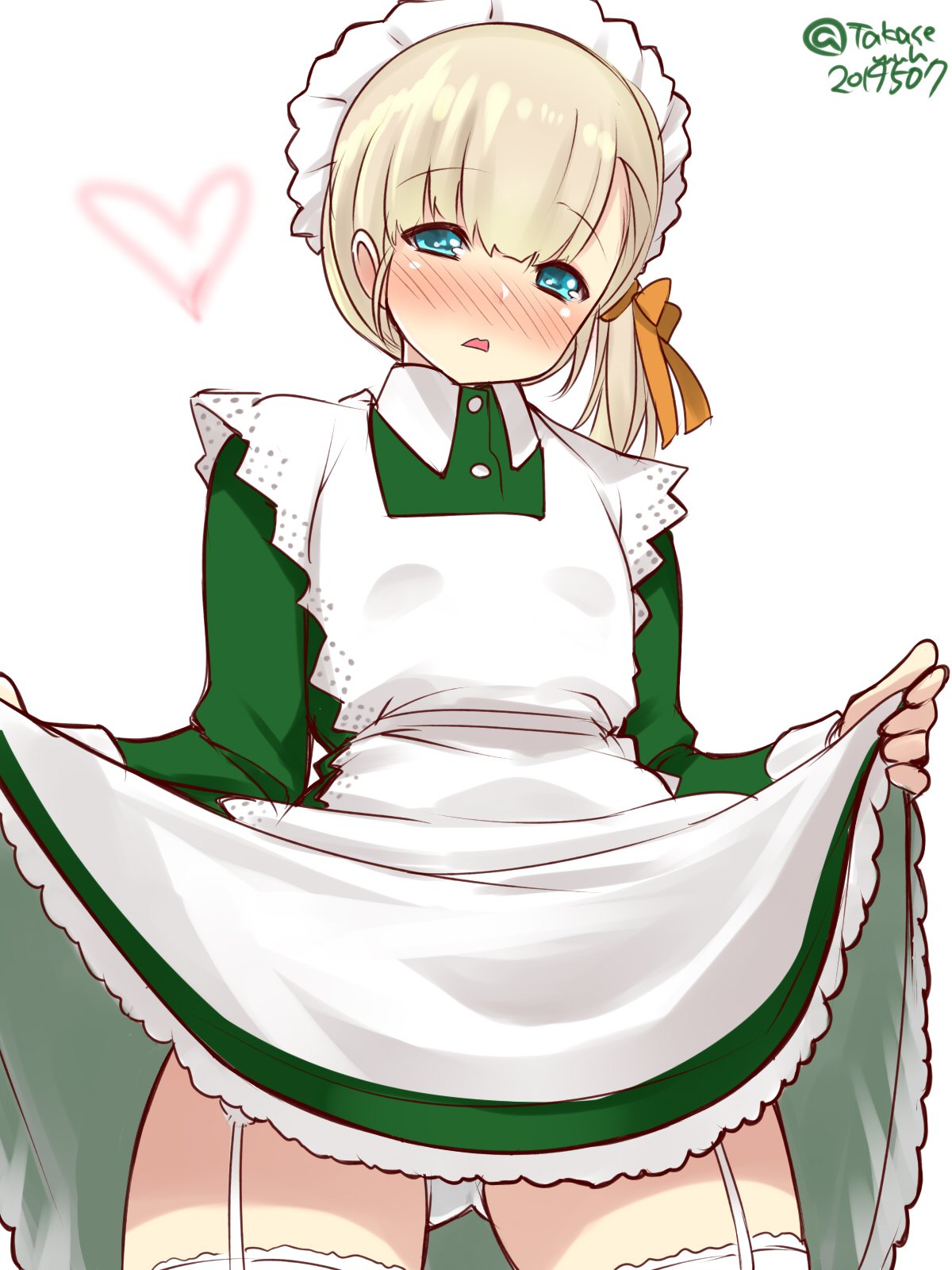 1girl alternate_costume apron bangs blonde_hair blue_eyes blunt_bangs blush commentary_request cowboy_shot dress dress_shirt enmaided frilled_apron frills garter_straps gluteal_fold green_dress hair_ornament highres kantai_collection long_hair looking_at_viewer maid maid_headdress panties pantyshot ribbon shin'you_(kantai_collection) shirt side_ponytail simple_background solo standing takase_muu thighhighs underwear white_apron white_background white_legwear white_panties