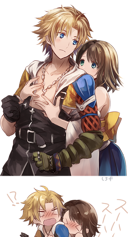 1boy 1girl blonde_hair blue_eyes brown_hair closed_mouth commentary_request detached_sleeves final_fantasy final_fantasy_x green_eyes hakama heterochromia hug hug_from_behind japanese_clothes jewelry necklace sasanomesi short_hair simple_background tidus white_background yuna