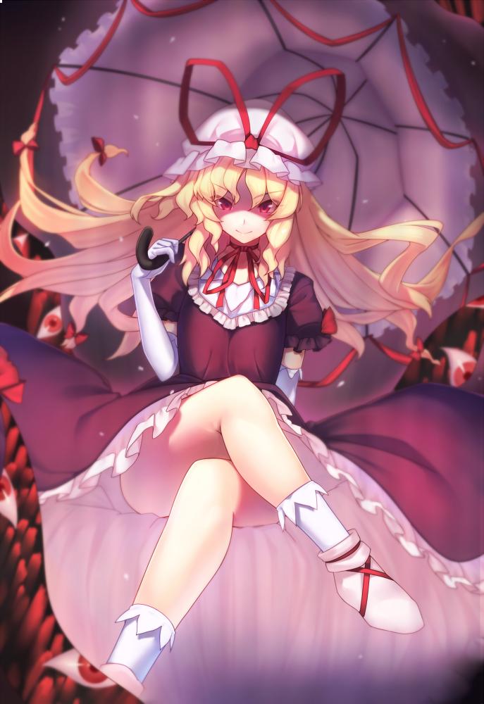 &gt;:) 1girl ass bangs bare_legs blonde_hair bow choker commentary_request cross-laced_footwear dress elbow_gloves feet_out_of_frame frills gap gloves hair_between_eyes hair_bow hand_up hat hat_ribbon holding holding_umbrella kaiza_(rider000) legs_crossed long_hair looking_at_viewer mob_cap petticoat puffy_short_sleeves puffy_sleeves purple_dress red_bow red_choker red_eyes red_ribbon ribbon ribbon_choker shoes short_sleeves sitting smile socks solo thighs touhou umbrella v-shaped_eyebrows white_footwear white_gloves white_headwear white_legwear yakumo_yukari