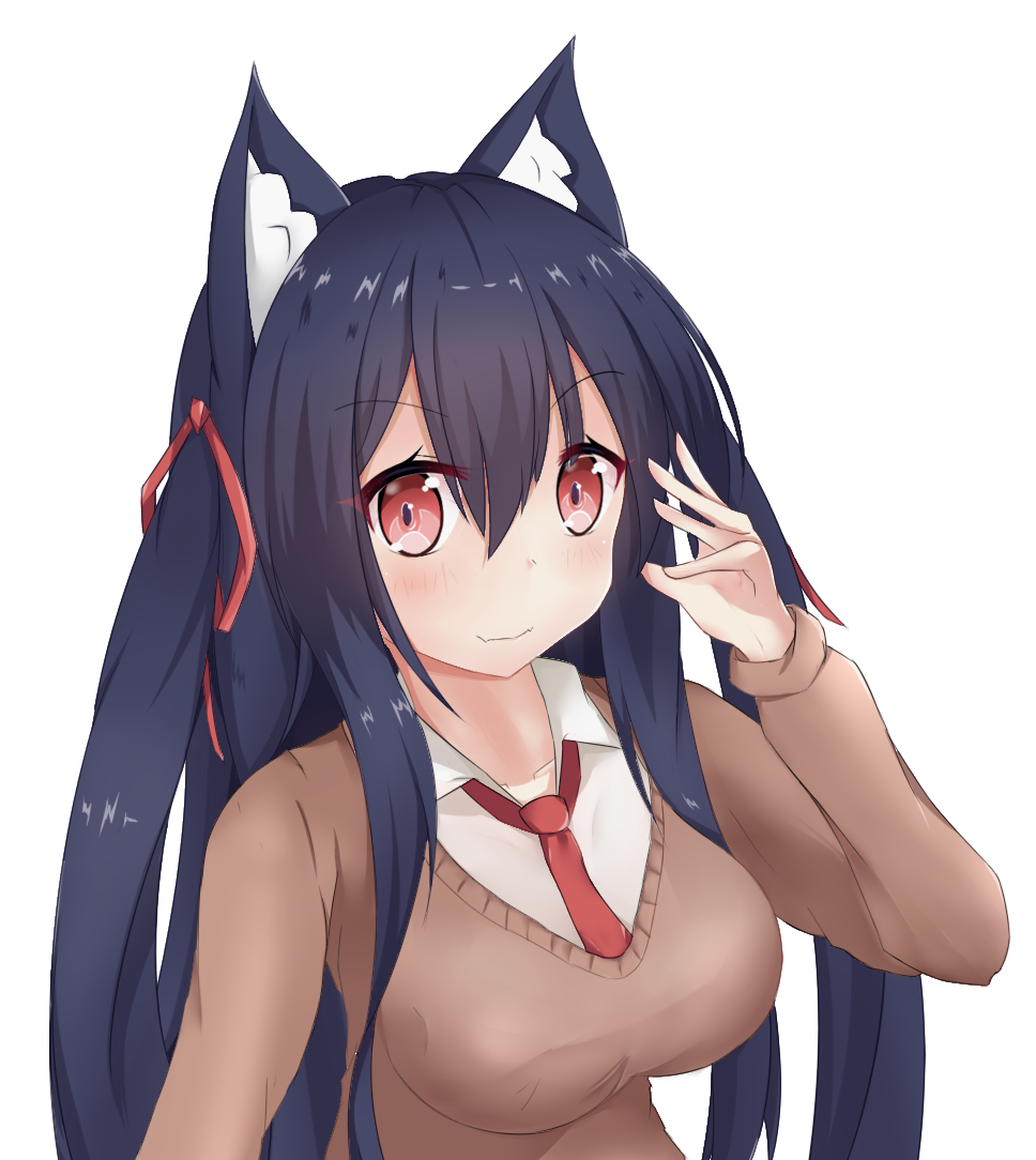 1girl animal_ear_fluff animal_ears bangs black_hair blush breasts brown_sweater cat_ears chisuzu_mei closed_mouth collarbone collared_shirt eyebrows_visible_through_hair fangs fangs_out hair_between_eyes hair_ribbon hand_up long_hair long_sleeves medium_breasts nagato-chan necktie paryi_project red_eyes red_neckwear red_ribbon ribbon shirt sidelocks simple_background smile solo sweater two_side_up upper_body very_long_hair virtual_youtuber white_background white_shirt