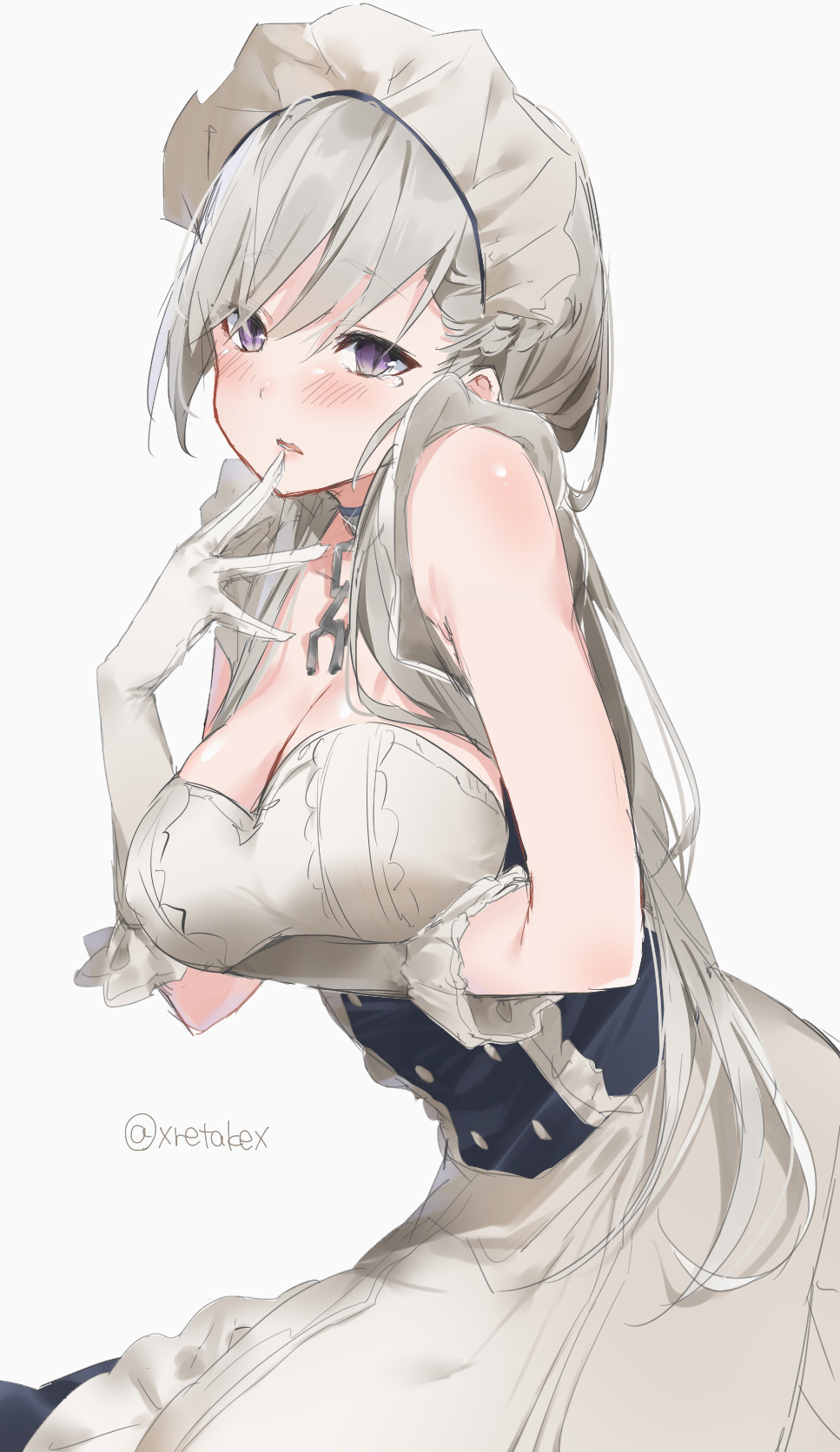 1girl apron azur_lane belfast_(azur_lane) blush breasts chains cleavage collar cowboy_shot dress elbow_gloves eyebrows_visible_through_hair gloves hair_between_eyes hand_to_own_mouth highres large_breasts long_hair looking_back maid maid_apron maid_headdress parted_lips purple_eyes silver_hair simple_background sketch sleeveless solo tears twitter_username white_background white_gloves xretakex