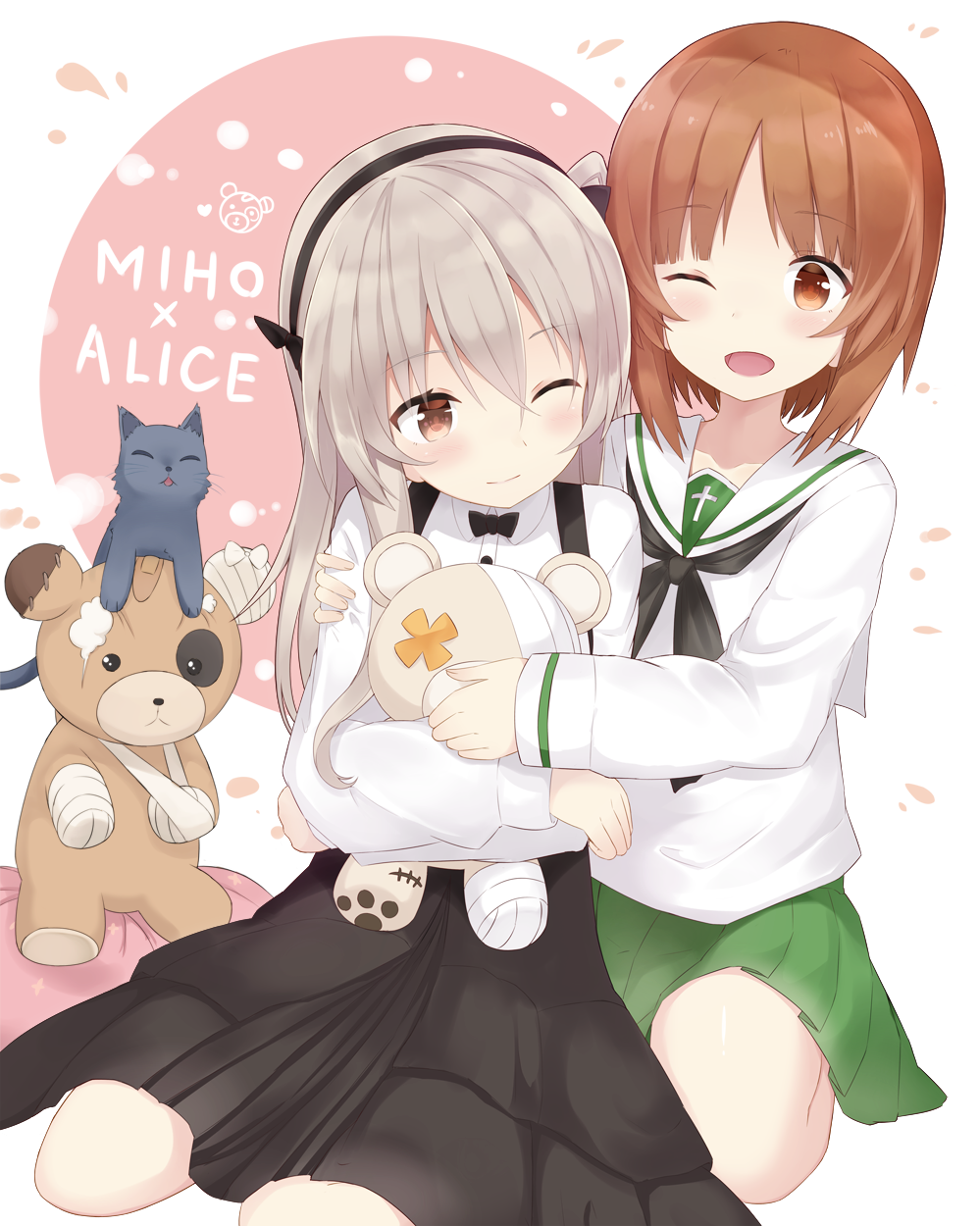 2girls ;) ;d bandage bandaid bangs black_neckwear black_ribbon black_skirt blouse blush boko_(girls_und_panzer) bow bowtie brown_eyes brown_hair cast casual cat character_name closed_mouth collared_shirt commentary eyebrows_visible_through_hair girls_und_panzer green_skirt hair_ribbon high-waist_skirt highres holding holding_stuffed_animal hug hug_from_behind layered_skirt light_brown_hair long_hair long_sleeves looking_at_another looking_at_viewer looking_back medium_skirt miniskirt multiple_girls neckerchief nishizumi_miho one_eye_closed ooarai_school_uniform open_mouth pleated_skirt ribbon school_uniform serafuku shimada_arisu shirt short_hair shuuichi_(gothics) side_ponytail sitting skirt smile stuffed_animal stuffed_toy suspender_skirt suspenders teddy_bear wariza white_blouse white_shirt