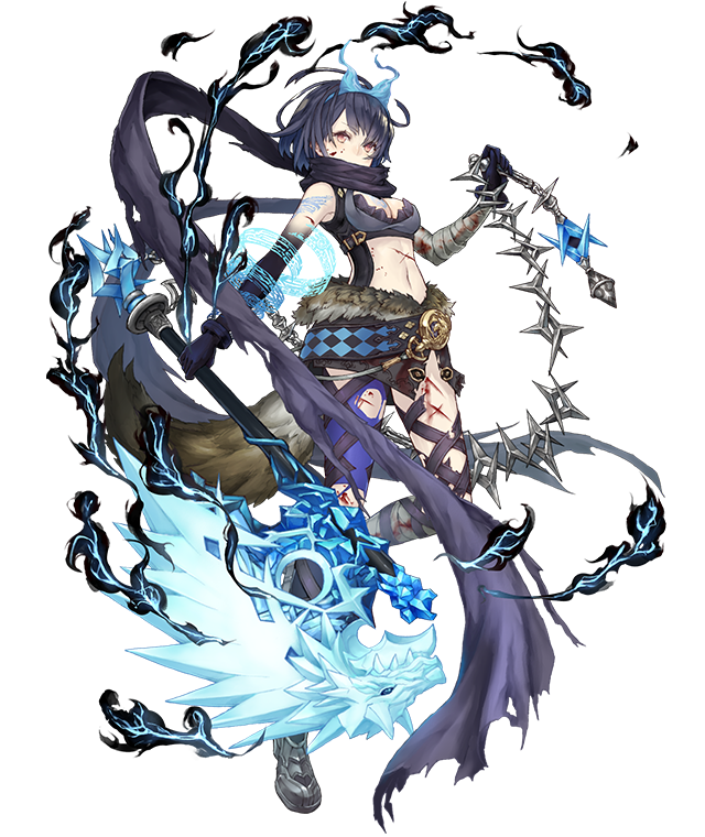 1girl alice_(sinoalice) asymmetrical_clothes axe bandage bandaged_arm bandaged_leg bandages belt black_hair blood blood_on_face chains checkered cuts eyebrows_visible_through_hair fake_tail full_body fur_trim hairband hidden_mouth holding holding_axe injury ji_no looking_at_viewer navel official_art red_eyes revealing_clothes scarf scarf_over_mouth short_hair sinoalice solo tail torn_scarf transparent_background