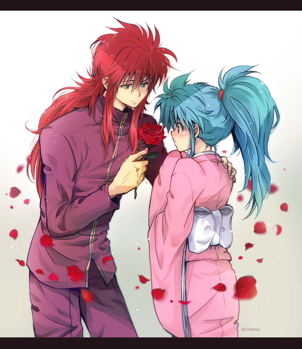 1boy 1girl blue_hair blush botan_(yuu_yuu_hakusho) closed_mouth commentary_request dress hetero japanese_clothes kimono kurama long_hair nagisa-a ponytail purple_eyes simple_background smile yuu_yuu_hakusho