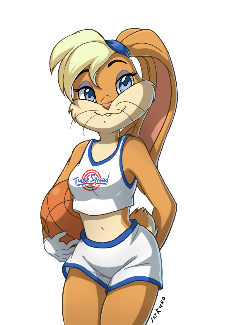 anthro ball basketball_(ball) blonde_hair blue_eyes brown_hair clothed clothing female hair jay-kuro lagomorph leporid lola_bunny looking_at_viewer looney_tunes mammal rabbit solo standing warner_brothers whiskers