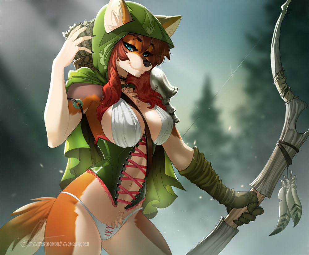 2019 anthro aomori arrow blue_eyes bow_(weapon) brown_fur brown_hair canid canine canis clothed clothing detailed_background digital_media_(artwork) domestic_dog female fur hair holding_object holding_weapon mammal maple_flake navel ranged_weapon skimpy smile solo standing weapon