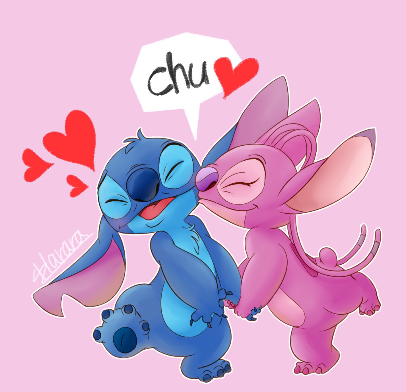 &lt;3 2018 4_fingers 4_toes alien angel_(lilo_and_stitch) antennae_(anatomy) back_markings blue_claws blue_fur blue_nose blue_pawpads chest_tuft claws disney duo experiment_(species) eyelashes eyes_closed fur hand_holding harara hi_res holidays kissing lilo_and_stitch markings notched_ear one_ear_up open_mouth open_smile outline pawpads pink_background pink_claws pink_fur purple_nose romantic_couple signature simple_background small_tail smile speech_bubble stitch text toe_claws toes tuft valentine's_day