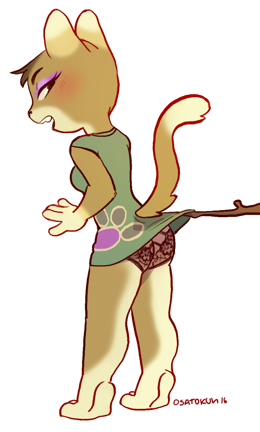 2016 animal_crossing anthro blush breasts clothed clothing domestic_cat felid feline felis female fur hi_res kitty_(animal_crossing) mammal nintendo osatokun simple_background solo stick underwear video_games white_background