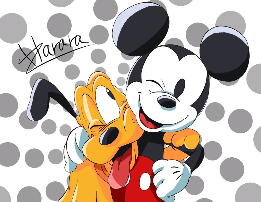 2018 black_ears black_eyes black_nose bottomwear canid canine canis clothed clothing collar collar_only disney domestic_dog gloves hand_on_hip hand_on_shoulder harara mammal mickey_mouse mouse murid murine one_eye_closed open_mouth open_smile pluto_(disney) red_bottomwear red_clothing red_shorts rodent shorts signature simple_background smile tongue tongue_out topless white_clothing white_gloves wink yellow_body