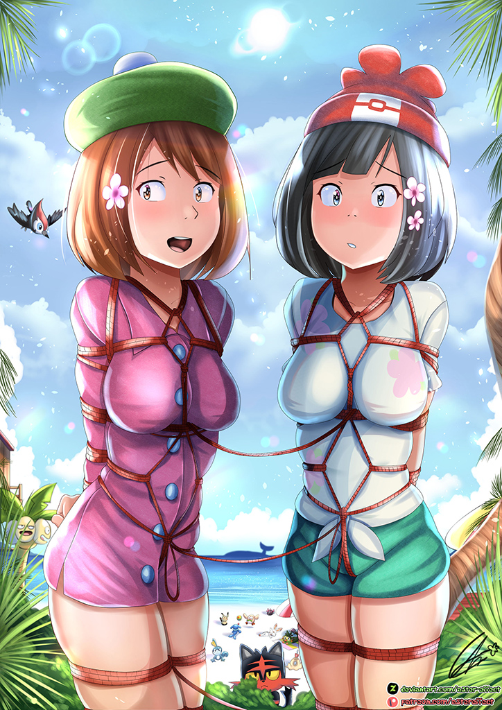 2girls aster-effect bdsm beanie big_breasts black_hair bondage bound breasts brown_hair creatures_(company) game_freak hat multiple_girls nintendo pokemon pokemon_(game) pokemon_sm pokemon_swsh rope shirt short_hair shorts tagme thick_thighs thighs