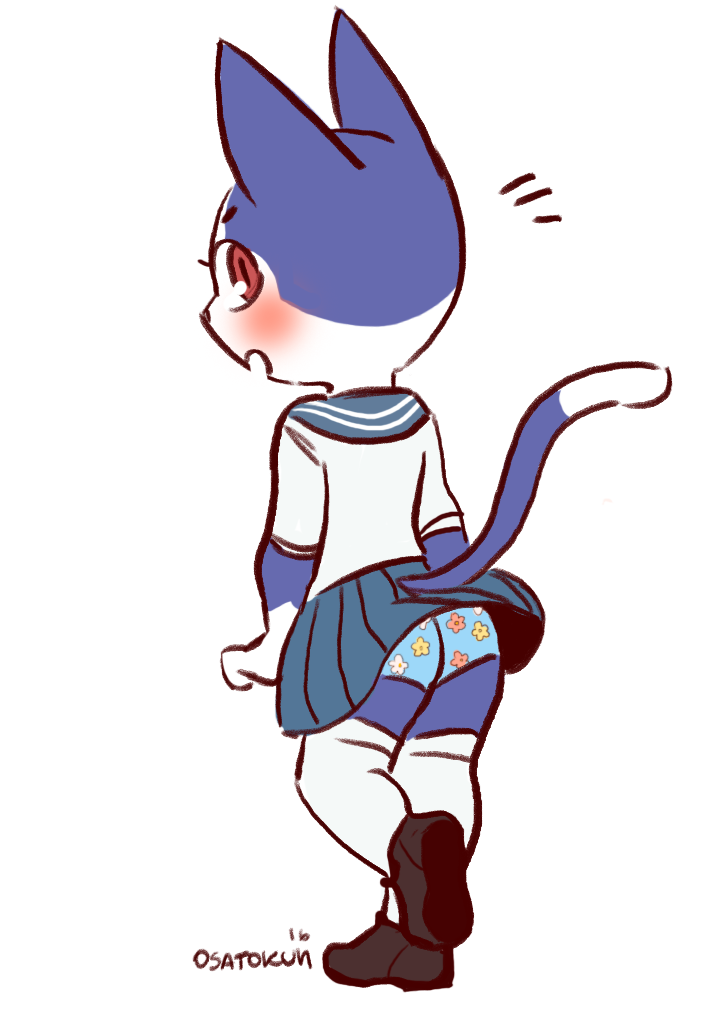 animal_crossing anthro blush bottomwear butt clothed clothing domestic_cat felid feline felis fur girly legwear looking_back male mammal nintendo osatokun rover_(animal_crossing) simple_background skirt solo video_games