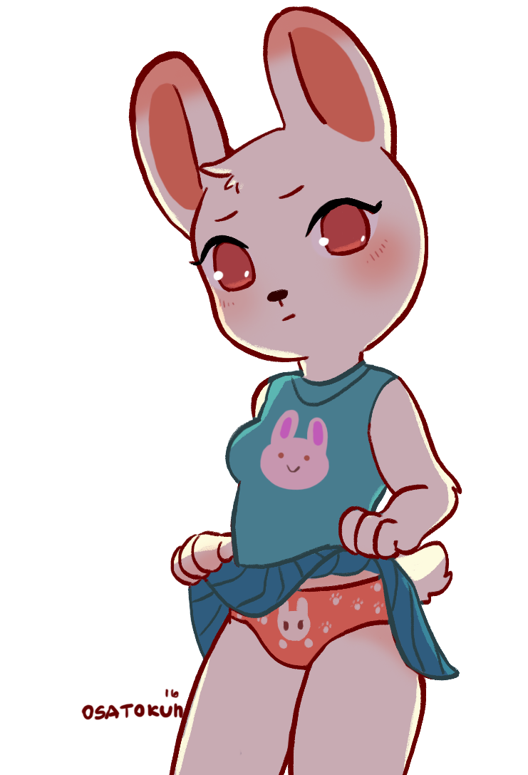 2016 animal_crossing anthro blush breasts clothed clothing clothing_lift female fur lagomorph leporid mammal nintendo osatokun rabbit red_eyes ruby_(animal_crossing) simple_background solo underwear video_games white_background white_fur