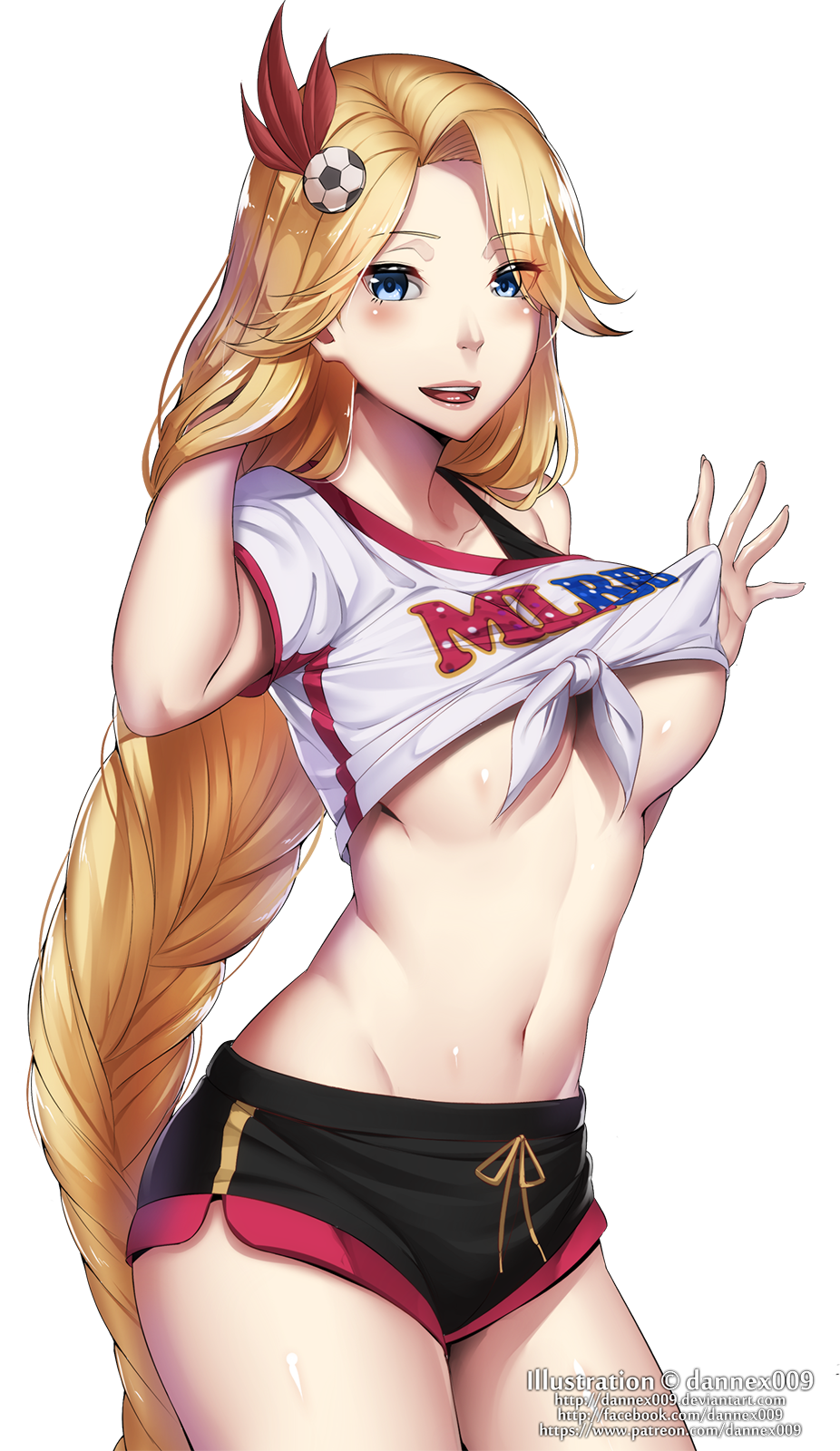 1girl black_shorts blonde_hair blue_eyes blush braid breasts collarbone commentary dannex009 eyebrows_visible_through_hair football hair_ornament hand_in_hair highres large_breasts long_hair looking_at_viewer original ribbon shirt short_shorts short_sleeves shorts simple_background solo sportswear underboob watermark web_address white_background white_shirt