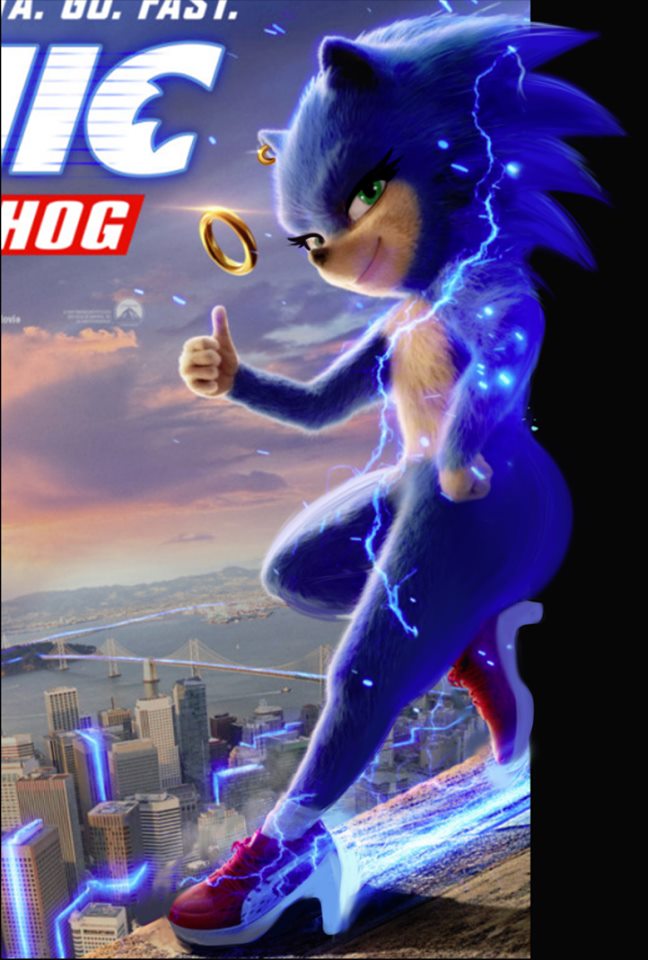 blue_fur clothing crossgender ear_piercing ear_ring edit eulipotyphlan female footwear fur green_eyes hedgehog jewelry mammal piercing shadman shoes smile solo sonic_(series) sonic_movie sonic_the_hedgehog standing