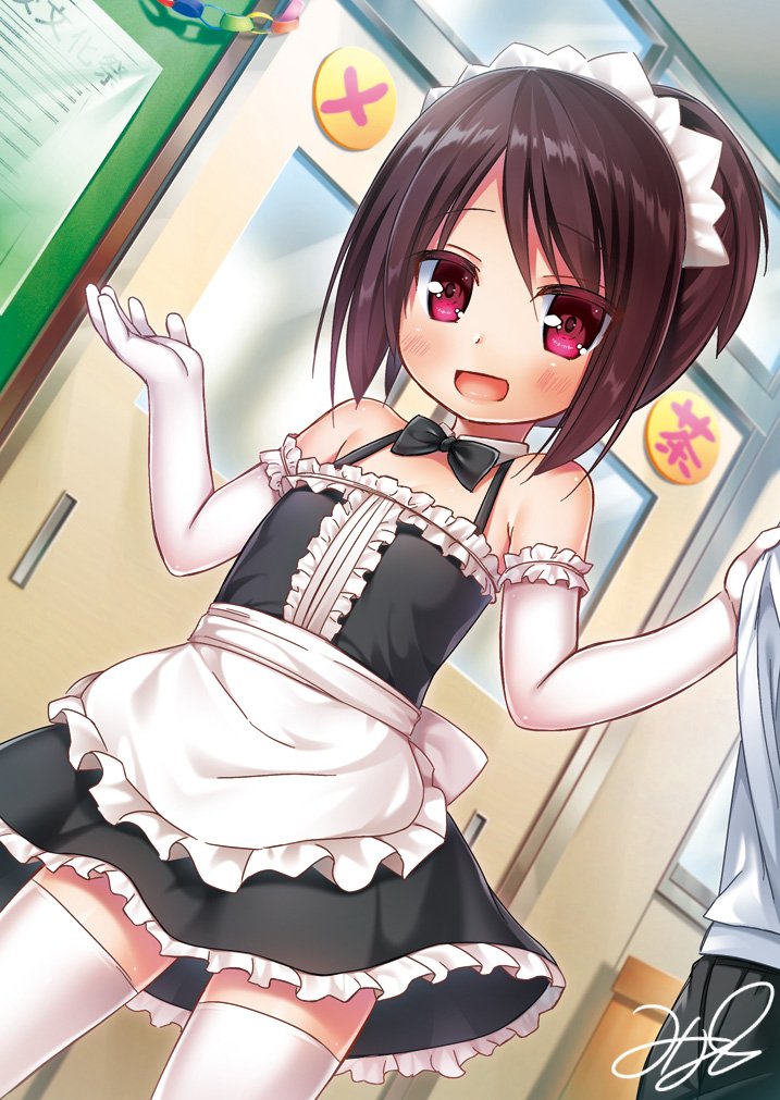 1boy 1girl apron bare_shoulders black_dress brown_hair commentary_request door dress elbow_gloves gloves head_out_of_frame indoors long_hair maid maid_headdress open_mouth original ponytail red_eyes shirt shirt_grab short_dress smile thighhighs waist_apron white_apron white_gloves white_legwear white_shirt yukino_minato