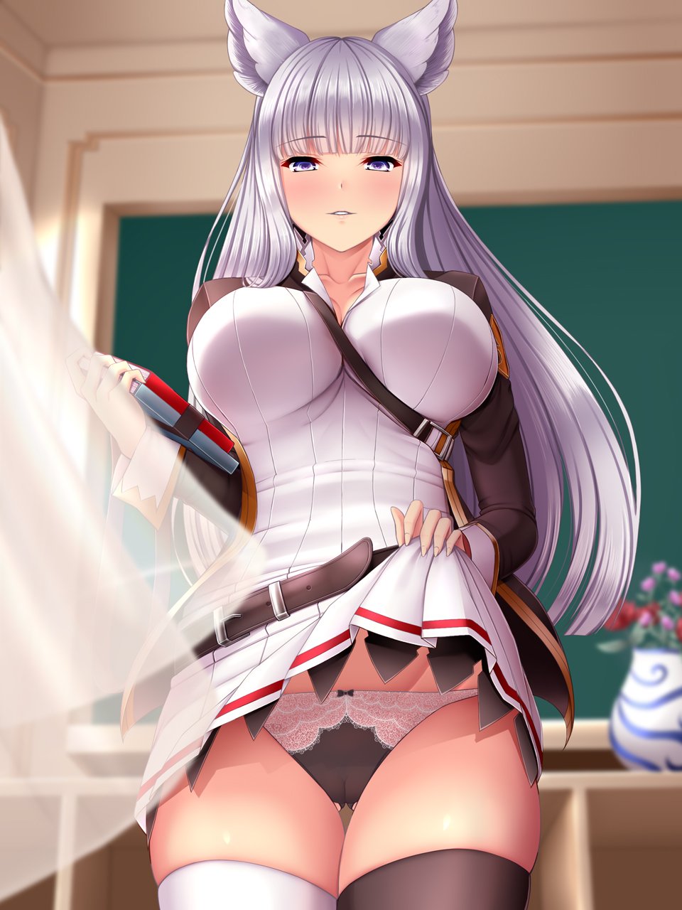 1girl animal_ears bangs between_breasts blue_eyes blunt_bangs blush breasts cameltoe cowboy_shot curtains dress dress_lift erune eyebrows_visible_through_hair gluteal_fold granblue_fantasy hair_ornament half-closed_eyes highres indoors jacket korwa large_breasts lifted_by_self long_hair long_sleeves looking_at_viewer meropan open_clothes open_jacket panties parted_lips see-through silver_hair smile solo strap_between_breasts thighhighs underwear wind