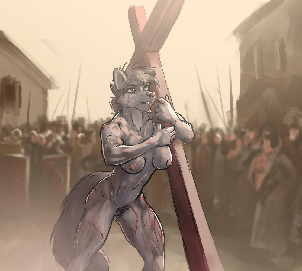 abs anthro biceps blood breasts canid canine carrying cross crucifixion determination female generic_species hadalmartian humiliation imminent_death mammal muscular muscular_female nude pubes public public_nudity sweat whip_marks whipping wounded