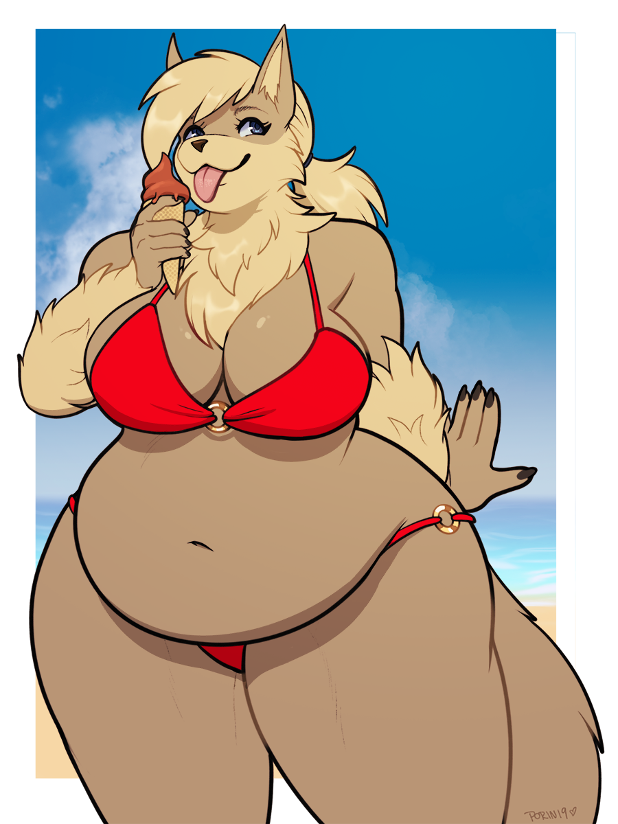 2019 3:4 alpha_channel anthro beach bikini blonde_hair breasts canid canine clothing dessert female food hair hi_res ice_cream mammal outside overweight overweight_female porin seaside smile solo standing swimwear tongue tongue_out