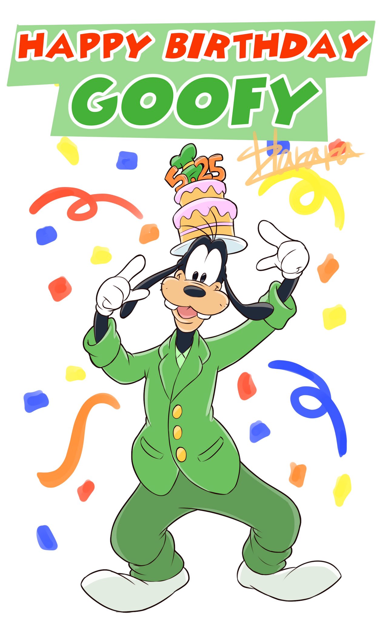 2018 4_fingers anthro birthday birthday_cake black_nose buckteeth cake canid canine canis clothed clothing confetti disney domestic_dog english_text food fully_clothed gesture gloves goofy_(disney) green_clothing happy_birthday harara hat headgear headwear hi_res looking_at_viewer mammal pointing signature simple_background smile teeth text white_background white_clothing white_gloves