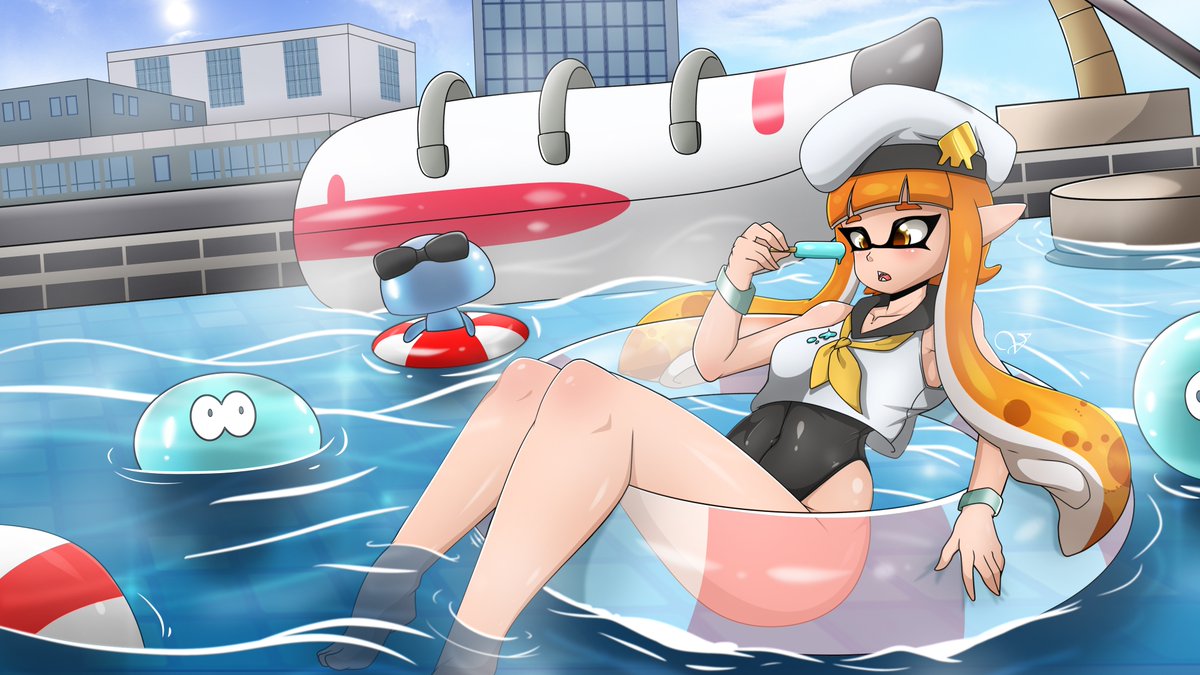 1girl clothed clothing domino_mask dripping fangs food hat inkling innertube jellyfish jewelry mask multicolored_hair nintendo one-piece_swimsuit open_mouth pointy_ear pool popsicle sailor_hat sailor_uniform scarf splatoon splatoon_(series) splatoon_2 swimsuit tentacle tentacle_hair zzvinniezz