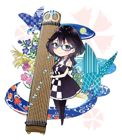 1girl bangs bare_arms bare_shoulders black_dress black_footwear black_hair black_legwear blue-framed_eyewear blue_eyes blue_flower blush breasts bug butterfly checkered chibi closed_mouth dress eyebrows_visible_through_hair flower glasses hair_between_eyes holding holding_instrument insect instrument koto_(instrument) long_hair looking_at_viewer medium_breasts miyabi_akino nadeshiko_doremisora pantyhose pink_flower semi-rimless_eyewear shoes sleeveless sleeveless_dress smile solo togawa_kano under-rim_eyewear