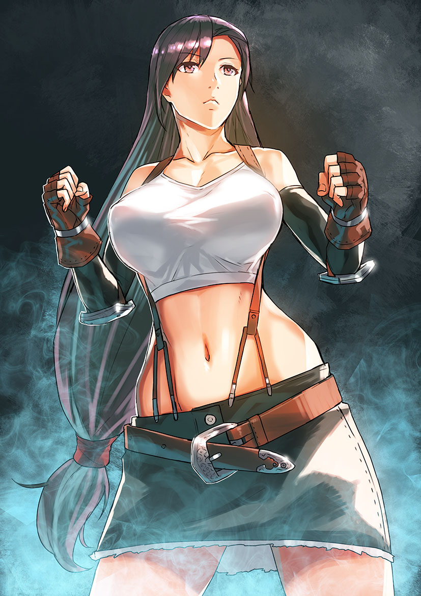 1girl belt black_hair black_sleeves breasts brown_eyes collarbone commentary_request elbow_gloves elbow_pads final_fantasy final_fantasy_vii fingerless_gloves gloves hip_focus jack_hamster large_breasts long_hair midriff navel skirt solo tank_top thighs tifa_lockhart very_long_hair